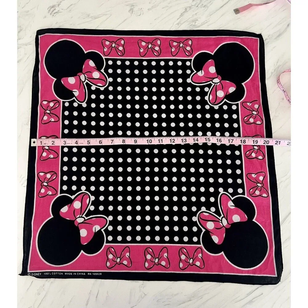 Disney Minnie Mouse Scarf Bandana Handkerchief Pink Black White Polka Dot Cotton - Picture 5 of 6